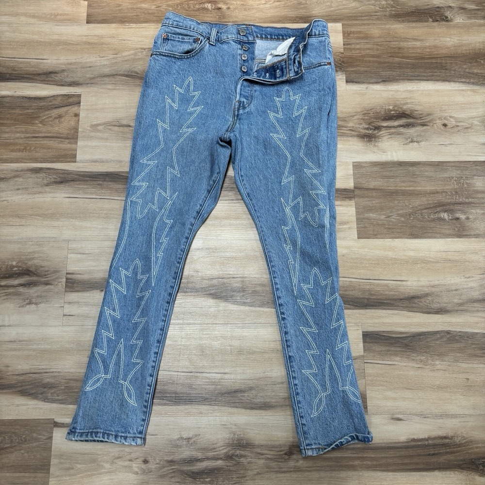 Levis 501 Skinny Jeans W31 L28 Western Embroidery Cotton Button Fly Light Wash